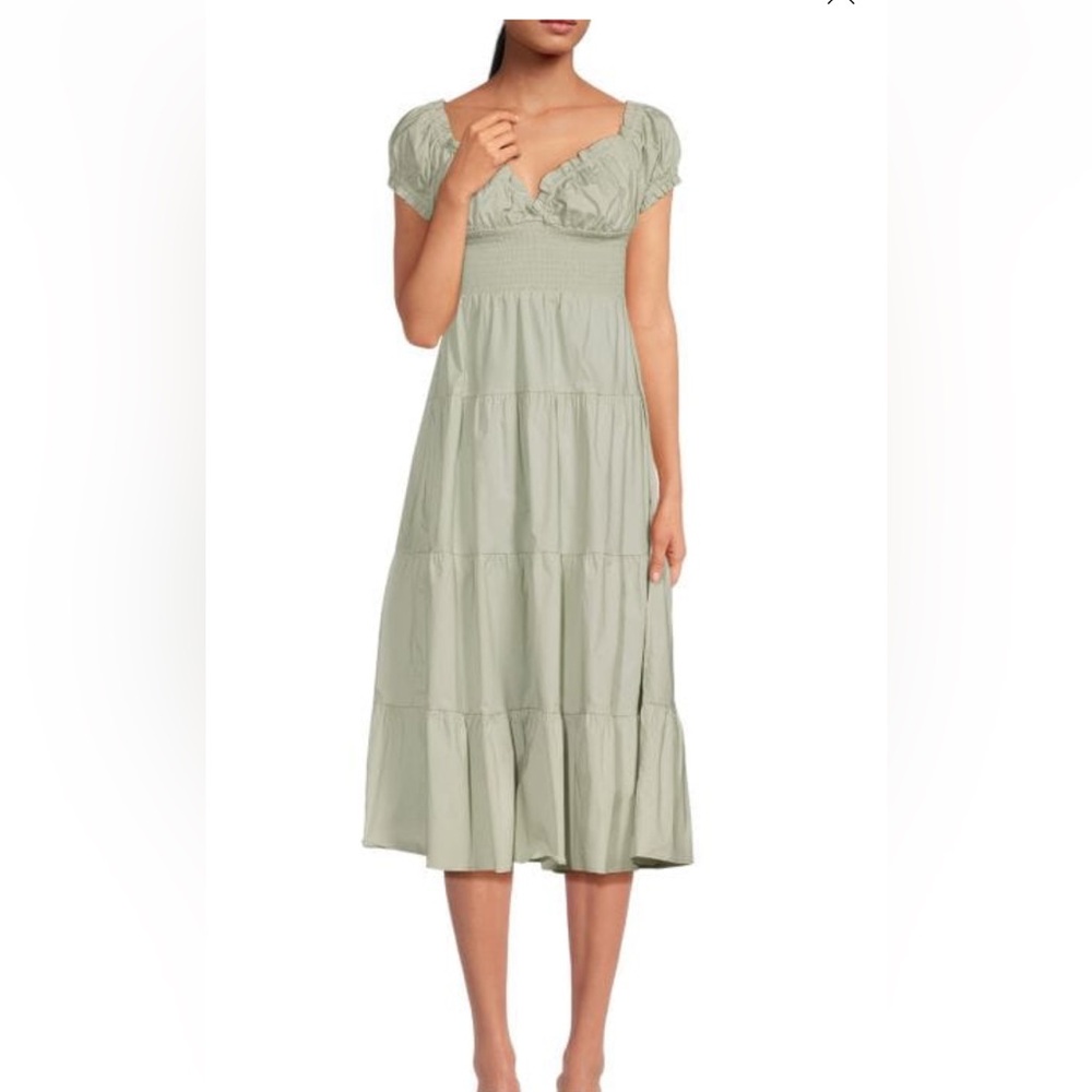 Puff Sleeve Smocked Midi Dress in Sage | WeWoreWhat | Saks Off Fifth